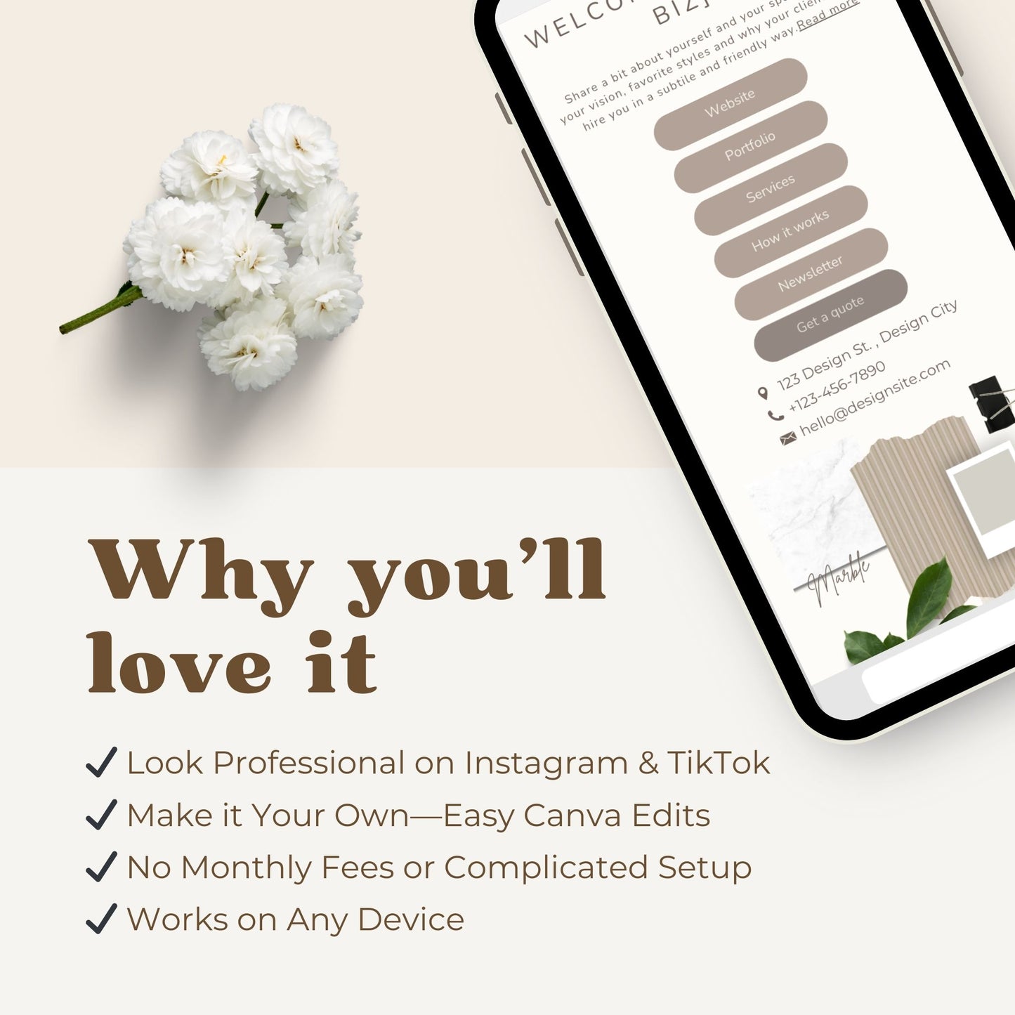 Feminine and stylish bio link Canva web design template that is easy to edit.