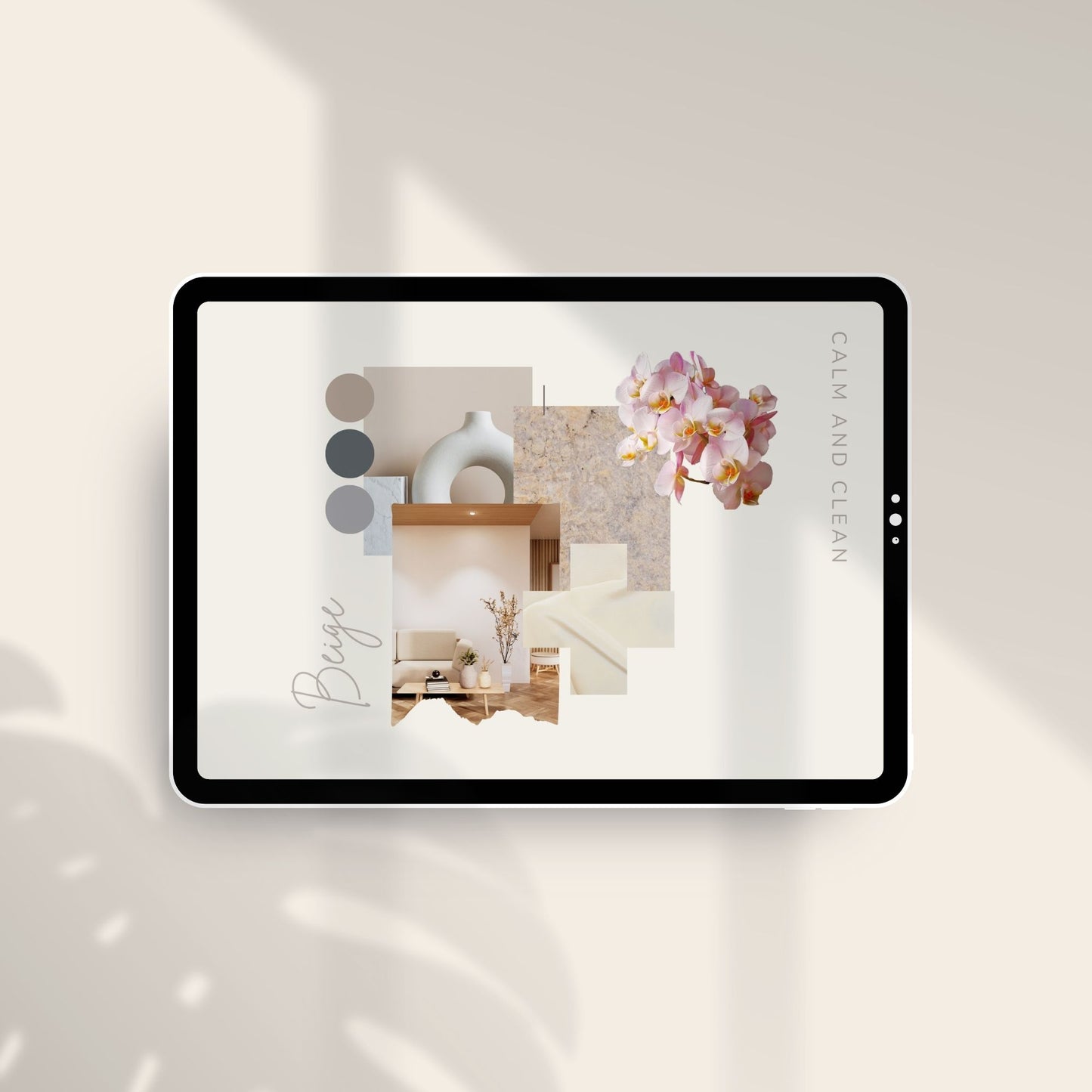 Concept mood board template for interior designers in light and airy colors.