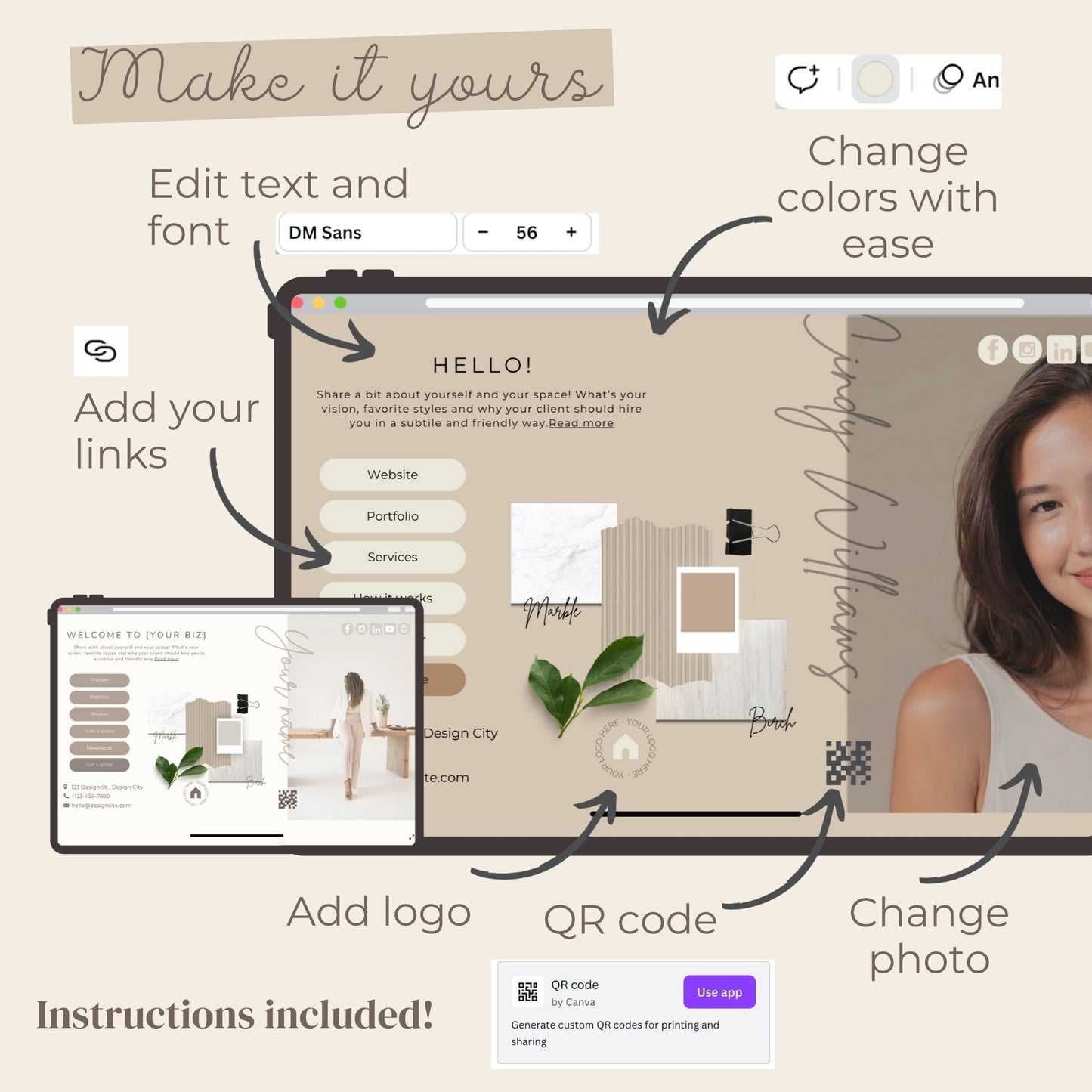 Edit your Canva link page template with ease. Perfect digital business card for solo designers.