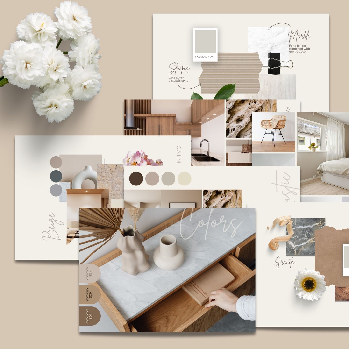 Interior designer and interior decorator moodboard templates in a modern and minimalist style.