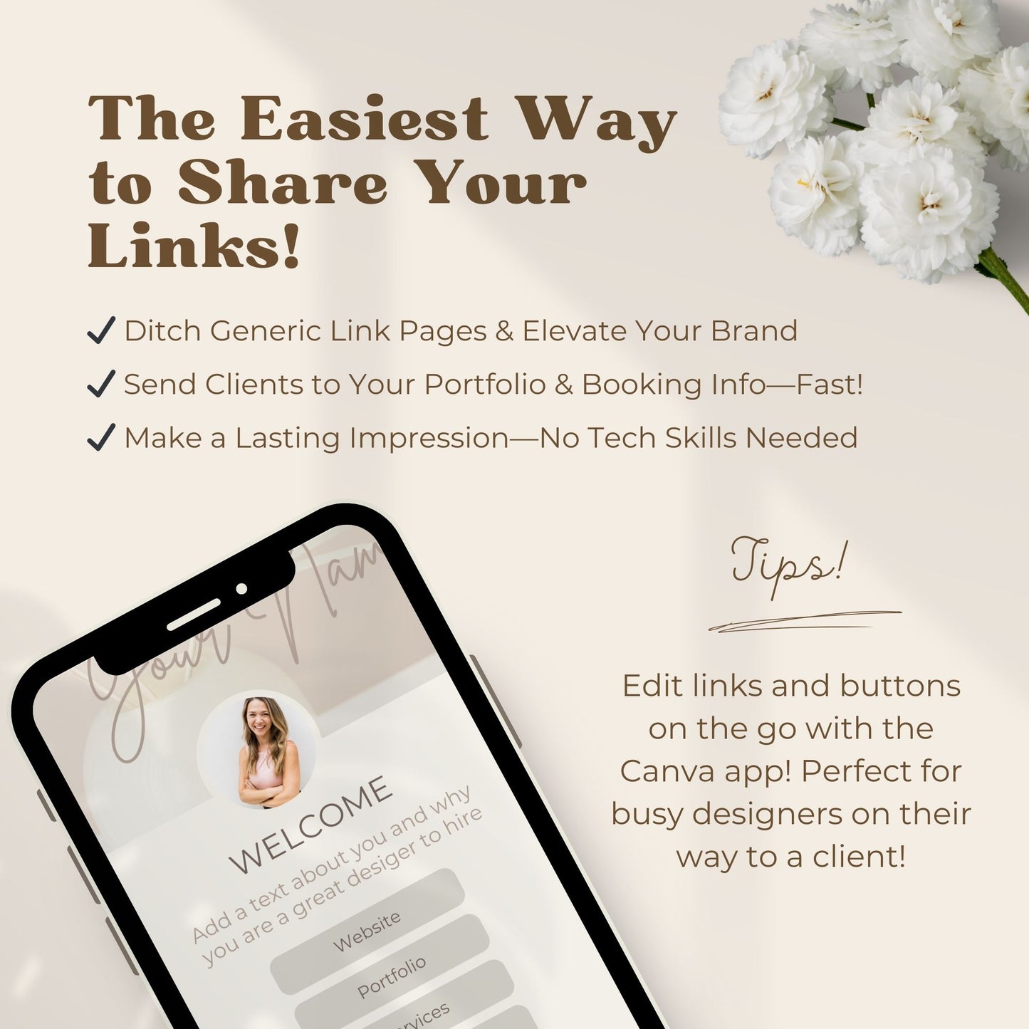 Interior design bio link template that you can easily edit in Canva to fit your brand
