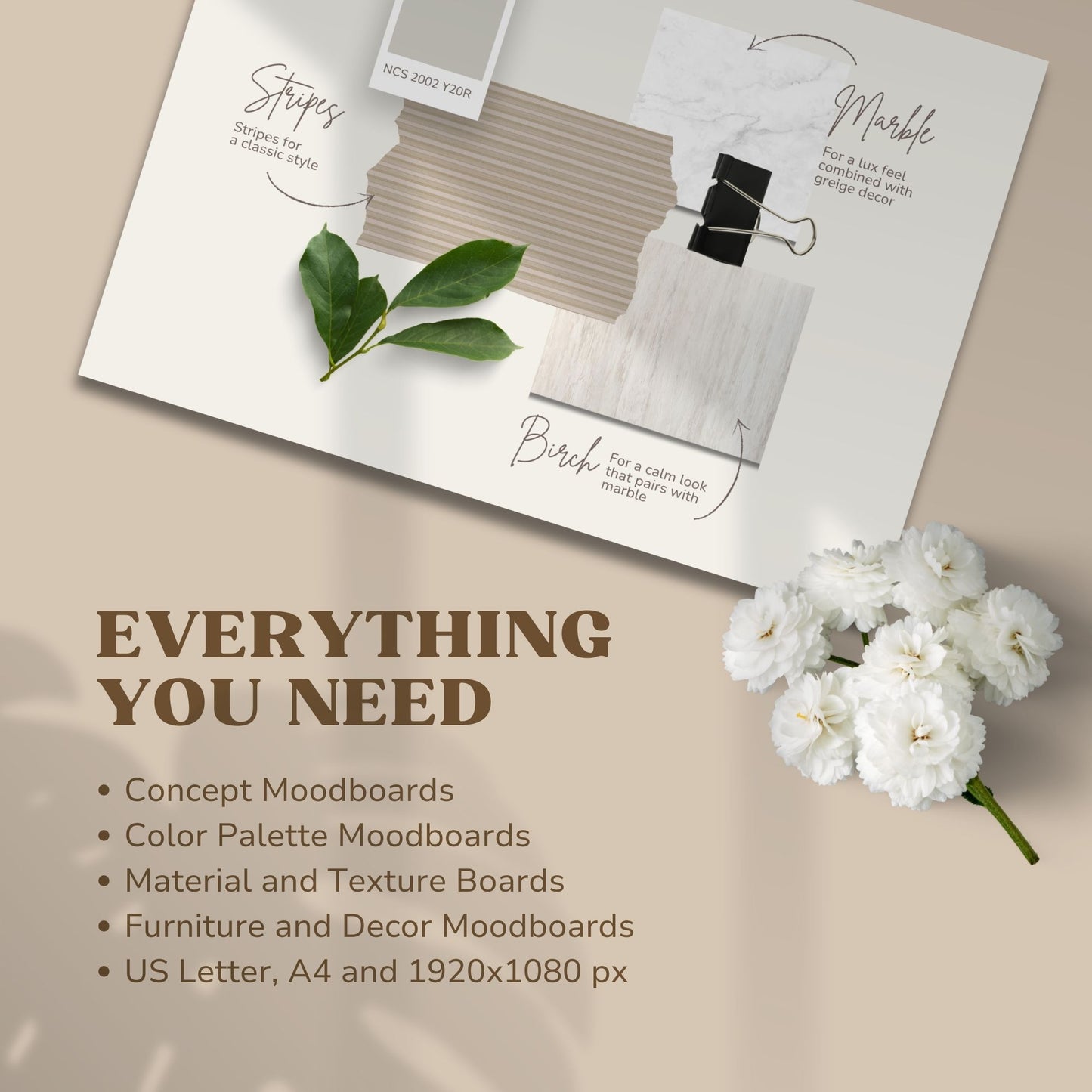Minimalist and feminine moodboard design templates in beige tones