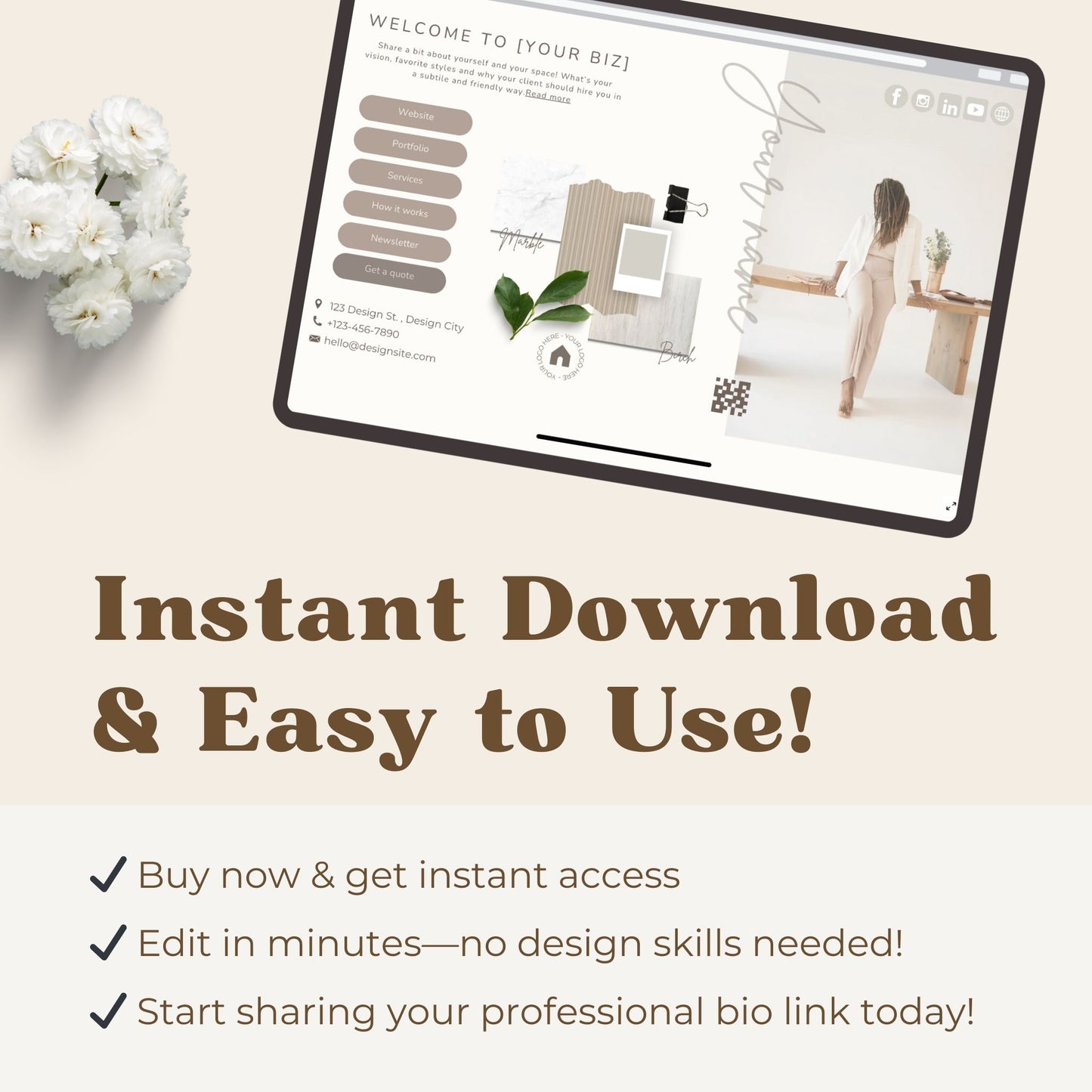Feminine and minimalist link in bio template. Edit in Canva fast and easy.