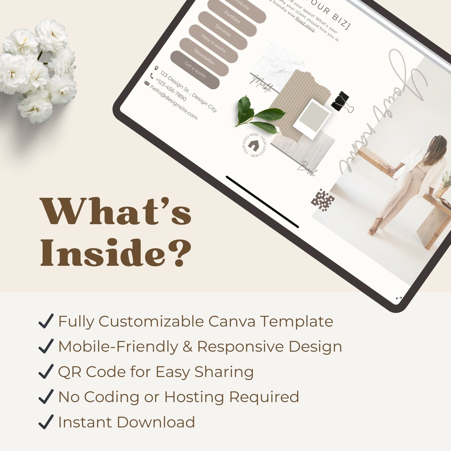 Modern and feminine link page template for stylish interior design brands.