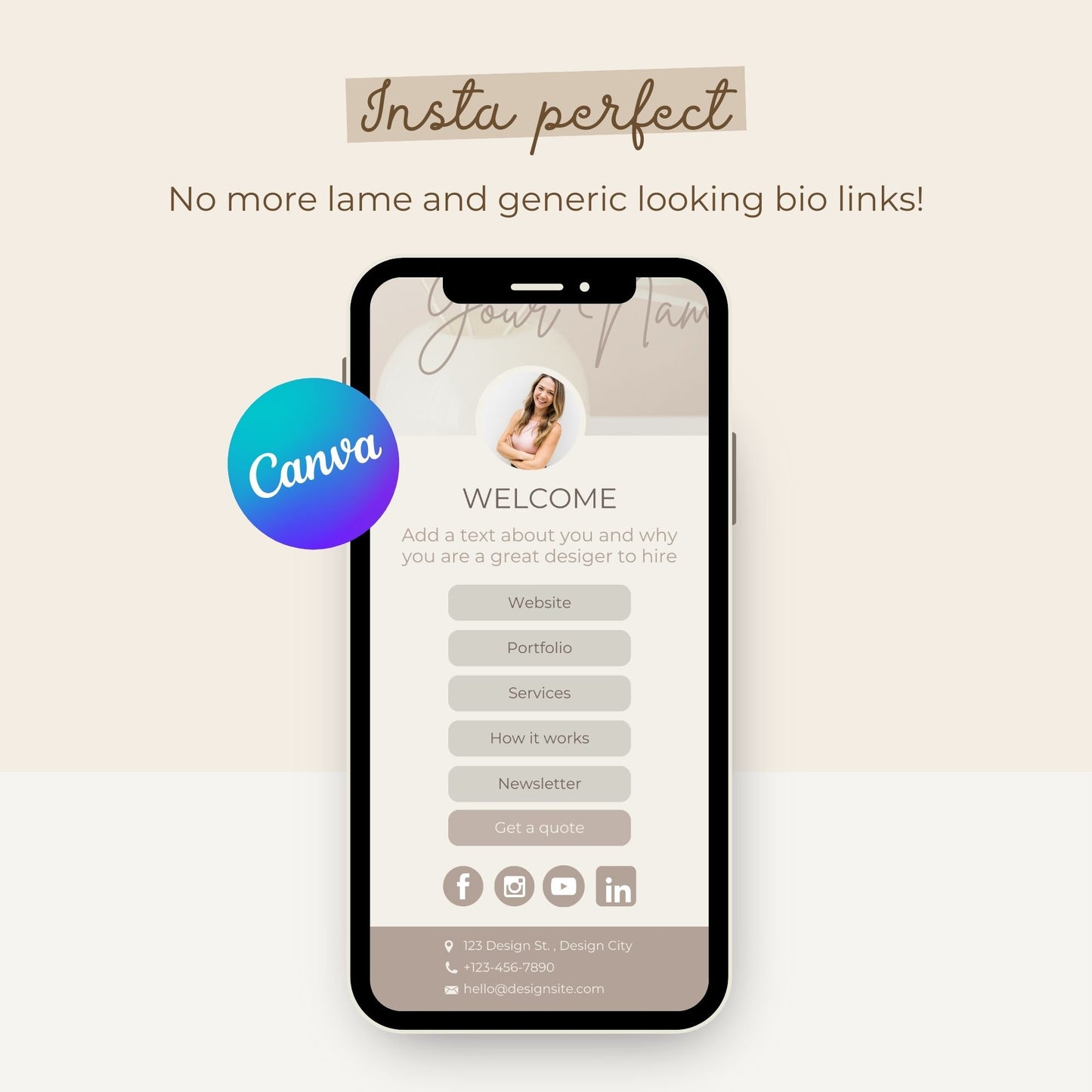 An editable instagram link in bio template in a modern and stylish design made to fit feminine and creative brands.
