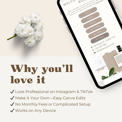 Feminine and stylish bio link Canva web design template that is easy to edit. 