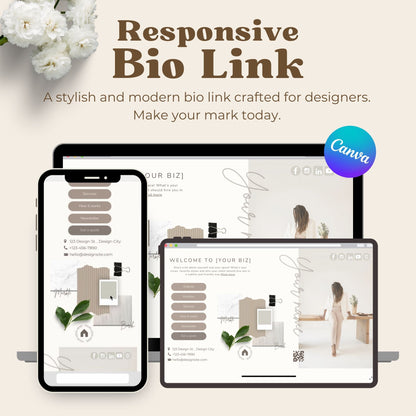 Editable Canva bio link for interior designers. Beige aesthetic web design.