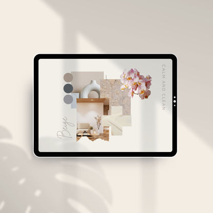 Concept mood board template for interior designers in light and airy colors.