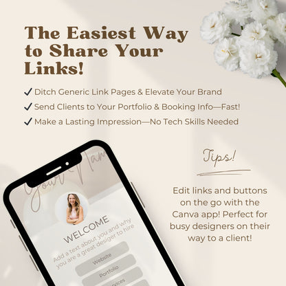 Interior design bio link template that you can easily edit in Canva to fit your brand
