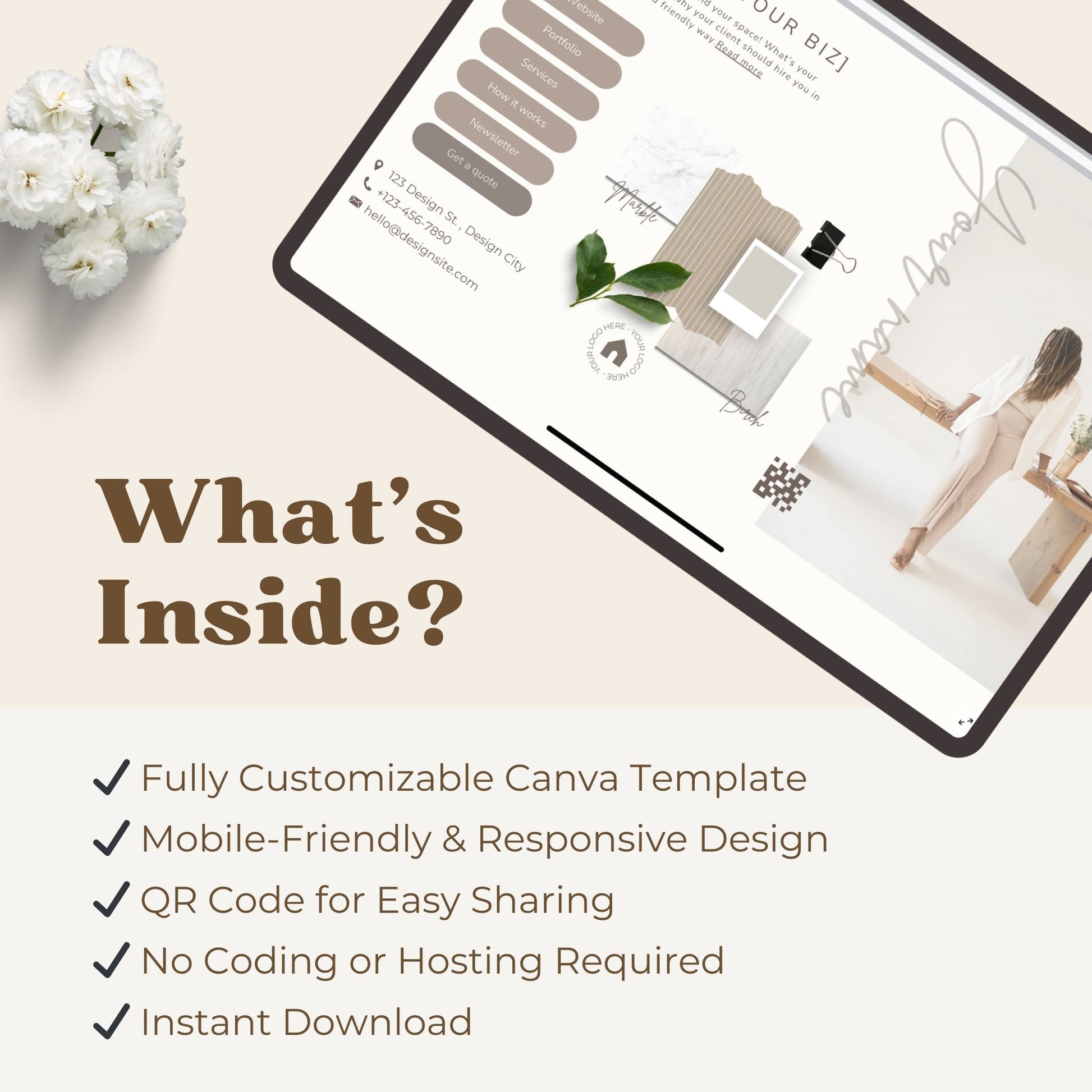 Modern and feminine link page template for stylish interior design brands. 