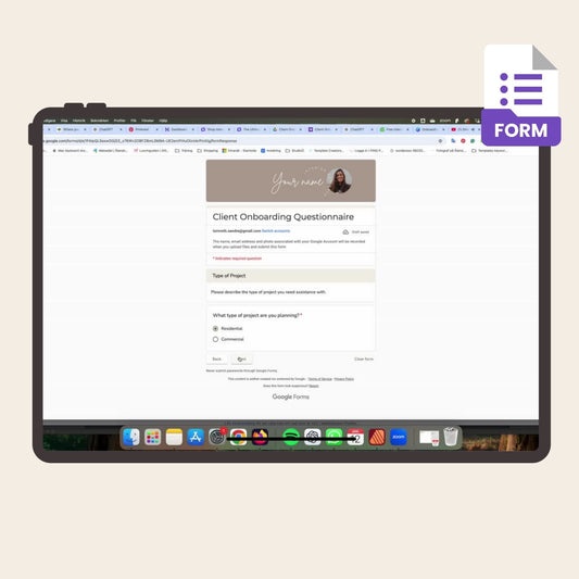 An editable onboarding form with expert questions for smooth onboarding and vetting of interior design clients. 