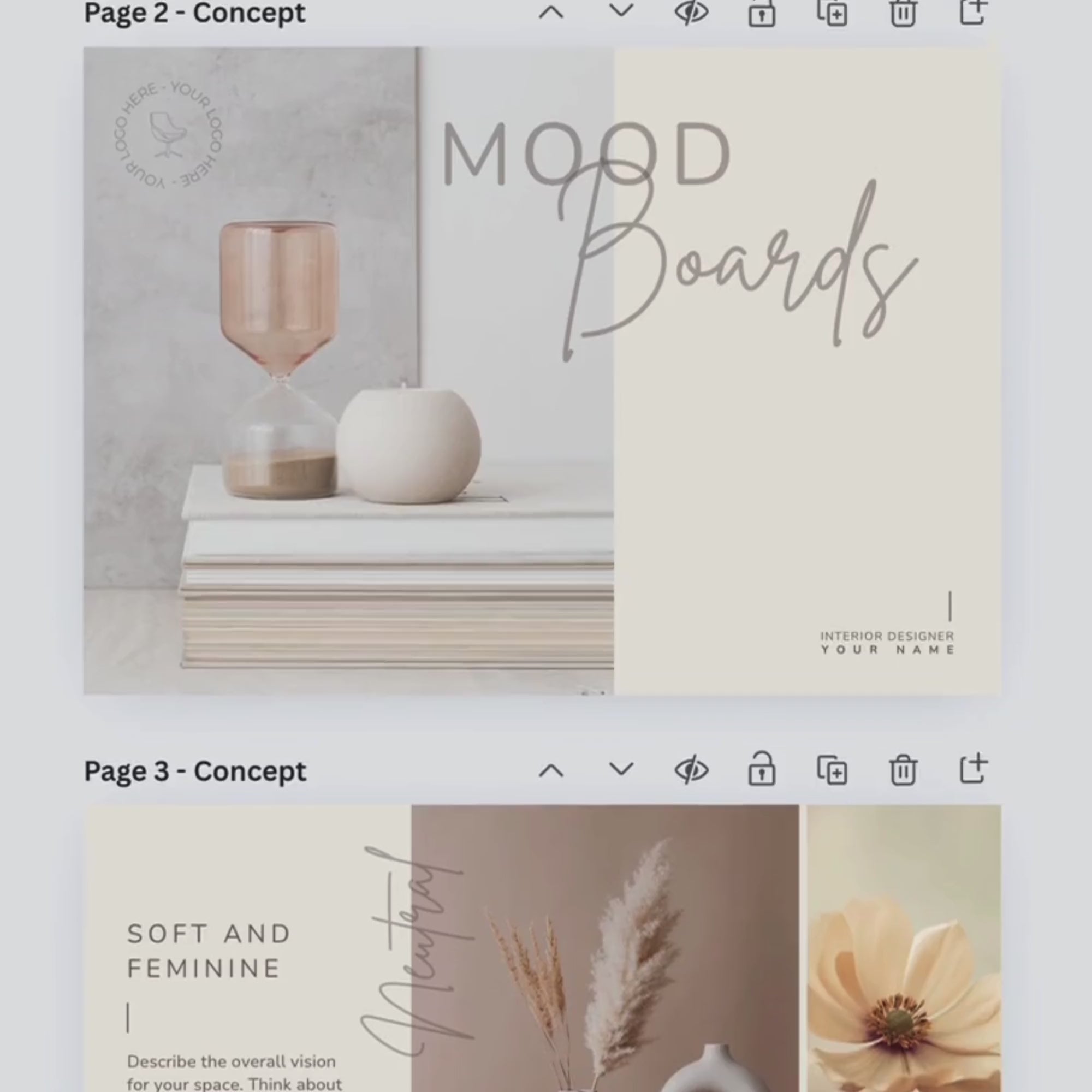 Minimalist style interior design mood board template editable in Canva free. Beige and modern style.